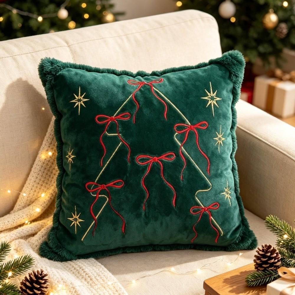 Embroidered Christmas Pillow Cover Square Christmas Tree Pillowcase Throw Cushion Cover Sofa Couch