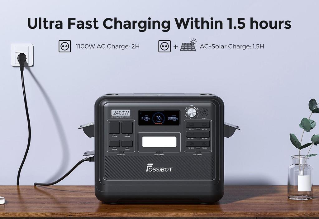 FOSSiBOT Портативная электростанция F2400, аккумулятор LiFePO4 2048 Вт·ч, выходная мощность солнечного генератора 2400 Вт, 16 выходных портов