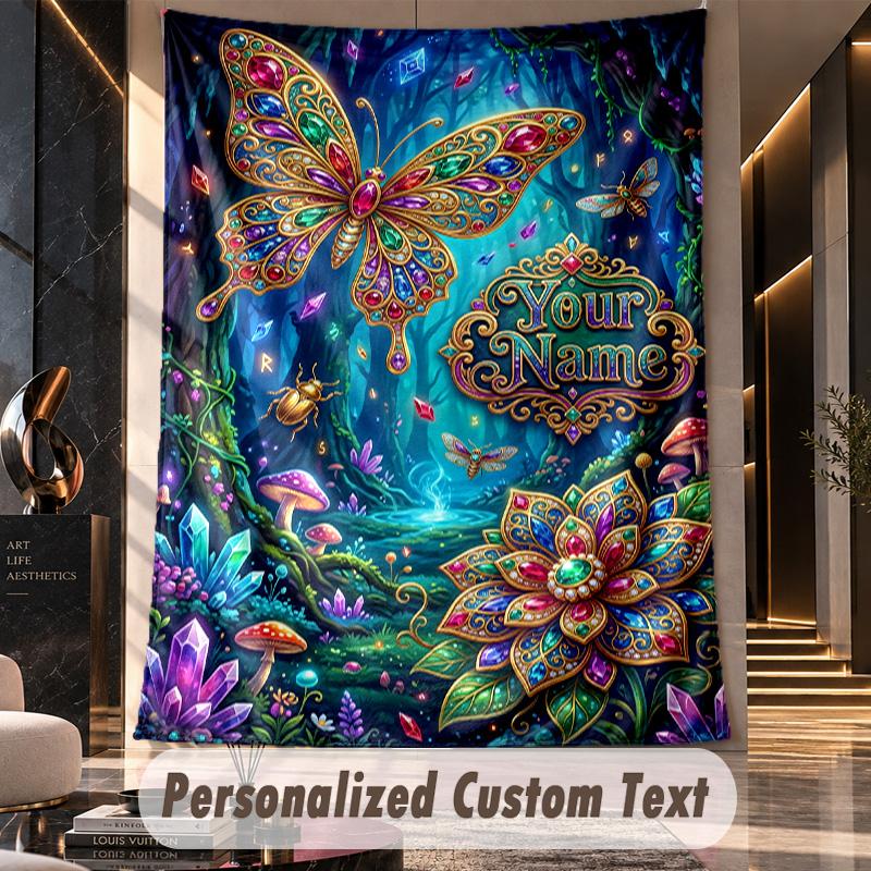 Fairy Moonlit Night Fantasy Theme Wall Tapestry Customized With Name Text Personalized Hanging Tapestry For Bedroom Living Room Decor