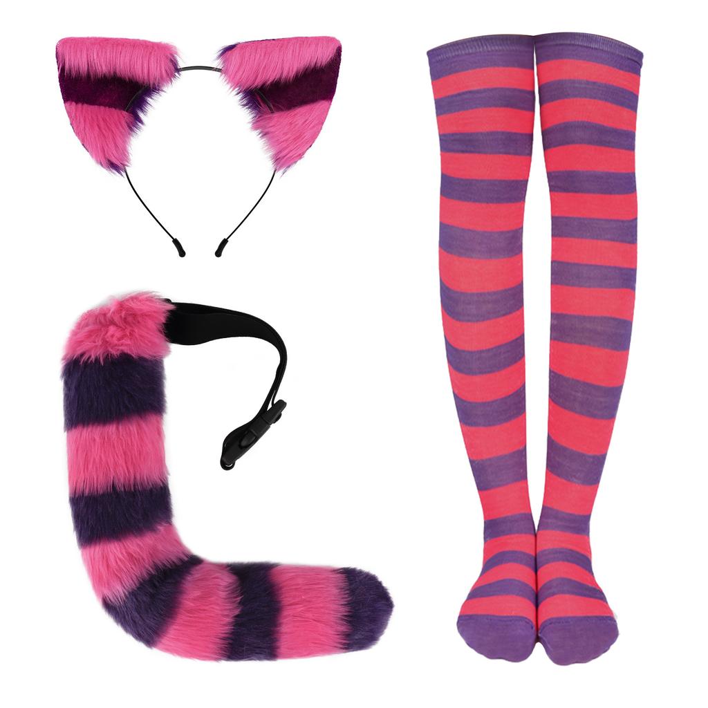 Комплект из чулок с полосатыми кошачьими ушками и кошачьим хвостом, милые гольфы, реквизит для вечеринки на Хэллоуин
