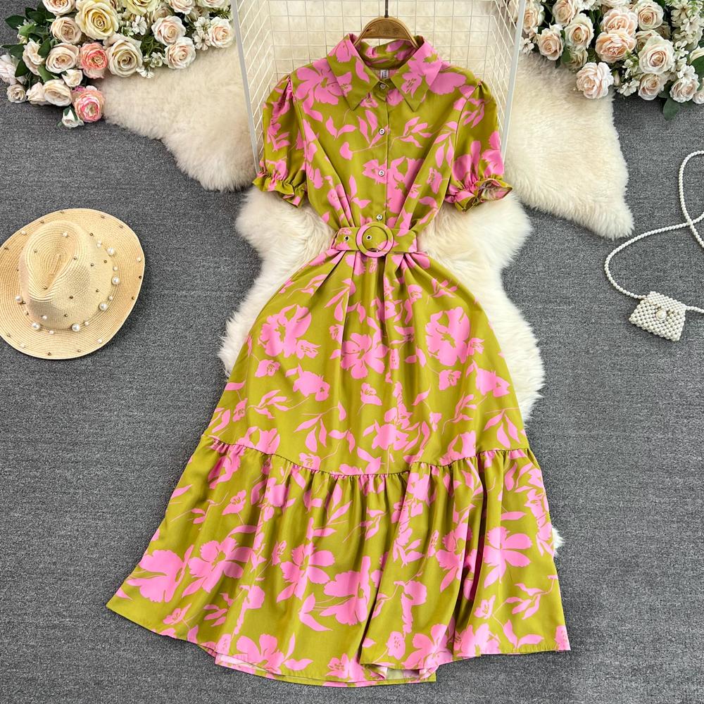 Vintage Robes Puff Short Sleeve Lapel Neck Vestido Wrapped Waist Slim Medium Length A-Line Print Dress