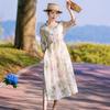 V-neck Seven-quarter-sleeved High-end Floral Dress for Women's 2025 Summer New Temperament Retro Cotton and Linen Long Skirt