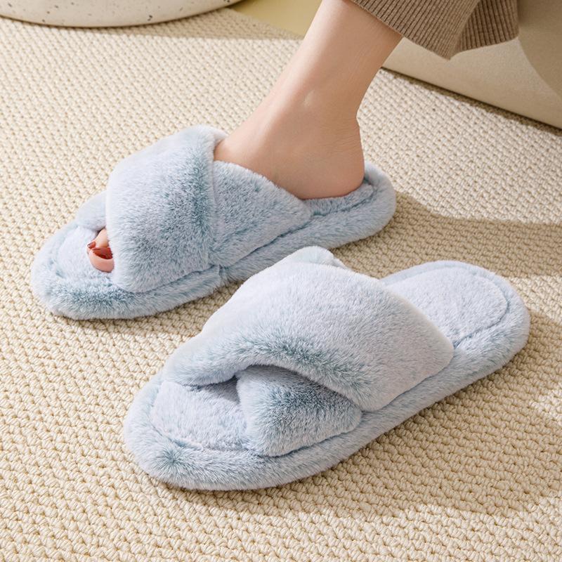 Элегантные мохнатые тапочки с перекрестным ремнем, плюшевые хлопковые тапочки, домашние открытые мохнатые тапочки, женская домашняя обувь, тапочки розового цвета