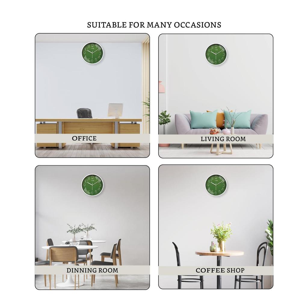 Пластиковые аналоговые настенные часы, кварцевый механизм, бесшумный ход, современное тиснение, легко читаемый индикатор времени (30 см X 30 см, Зеленый)