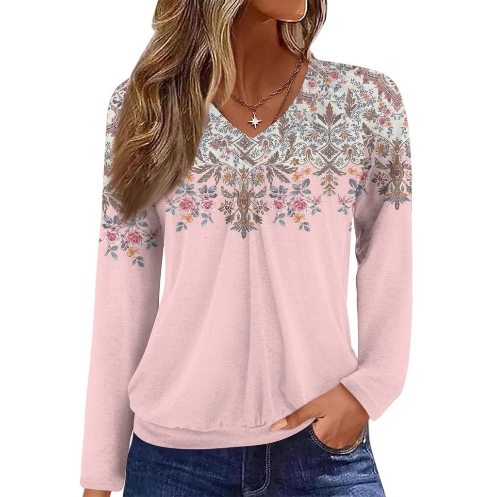 Женский повседневный модный топ с V-образным вырезом, рукавами реглан, плиссировкой и цветочным принтом, с длинным рукавом