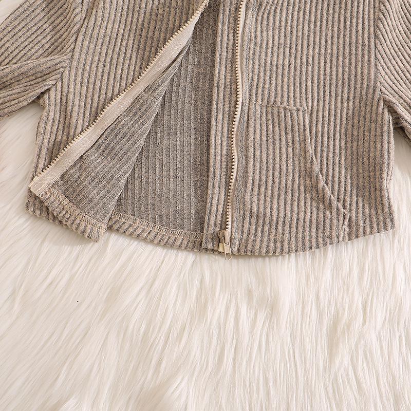 Наряд для девочек Осень Зима Новый Вязаный В рубчик С длинным рукавом Капюшон На молнии Топ Модные расклешенные брюки