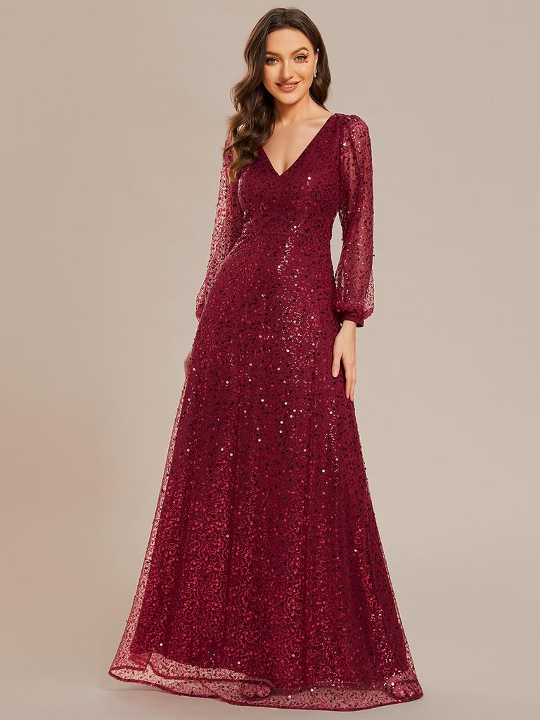 Элегантное женское элегантное платье с v-образным вырезом и длинными рукавами и пайетками, вечернее платье трапециевидной формы