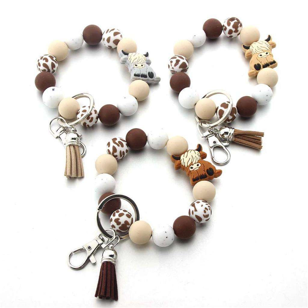 Highland Cow Silicone Tassels Keyring Durable Silicone Beaded Wrist Lanyard with Highland Cow Accent Keychain Pendant