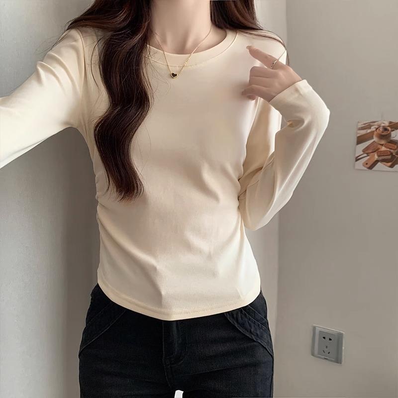 Flower ash slim-fitting long-sleeved soft waxy mask T-shirt for women's early autumn new models with solid color pleated and thin design top
