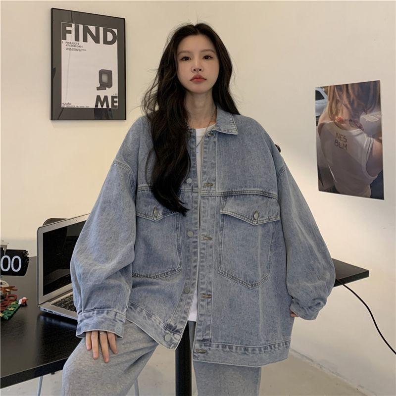 Джинсовая куртка женская большого размера осенняя ретро-стиль BF с принтом букв, свободный топ с длинными рукавами