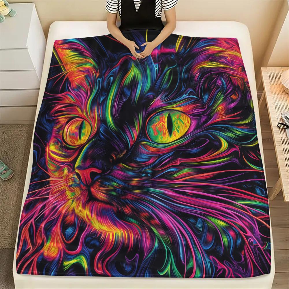 Neon Cats Print Flannel Blanket, High quality Comfortable for All Seasons, Home Decor, Warmth and Comfort