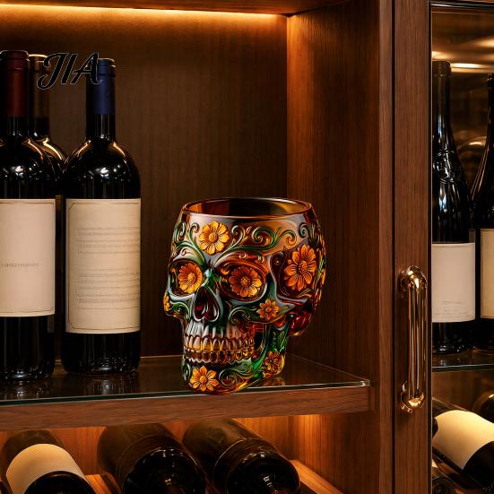 Specialty Spirit Tasting Glass Day of The Dead Wine Glass, with 3D Relief Painting, Hand-Painted Durable Whiskey Cup Gothic Skull Cup, for Halloween