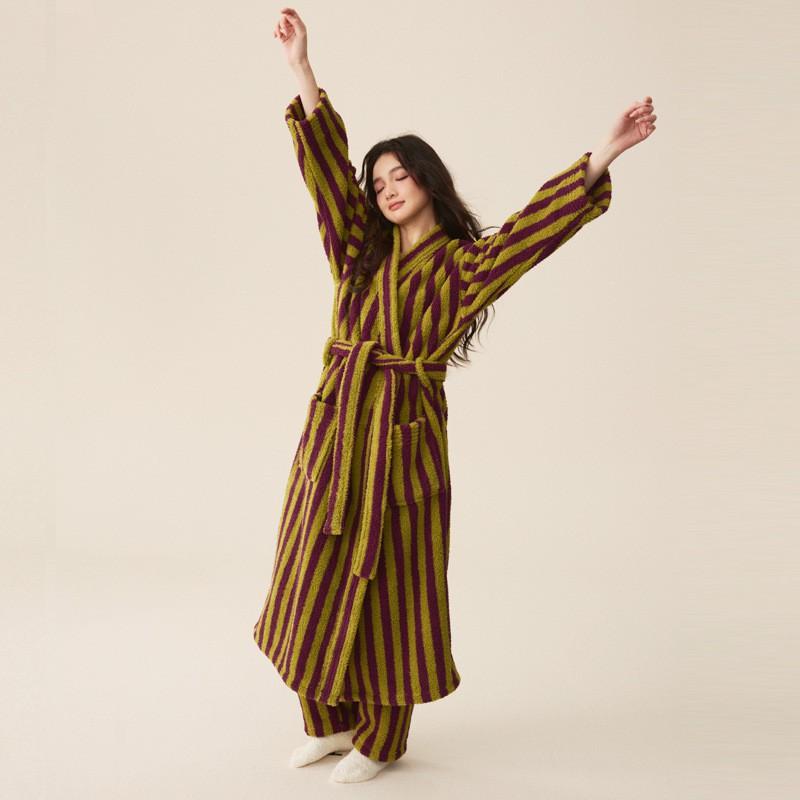 Women Men Flannel Bathrobe Set Thick Warm Loungewear Sleepwear