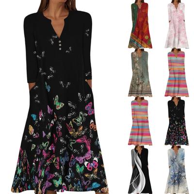 Женское летнее повседневное платье с V-образным вырезом на пуговицах, винтажным цветочным принтом, рукавом три четверти, длинное, с карманами