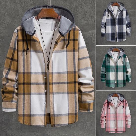 Men Spring Autumn Hooded Drawstring Shirt Coat Long Sleeve Plaid Print Solid Color Patchwork Color Single Breasted Casual Coat