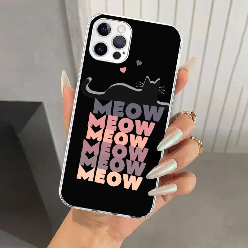 Аниме Милый Черный Кот Мяу Чехол для Телефона для Iphone 17 Air 16 15 Plus 14 13 Mini 12 11 Pro Max 16E 7 8 SE 2020 Мягкий Funda Печать Shel
