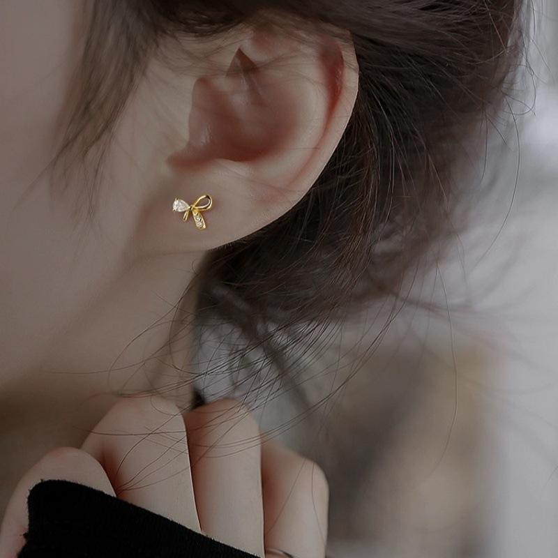 S925 Sterling Silver Bow Diamond Stud Earrings for Women Special-Interest Design High-Grade Delicate Earrings Anti-Allergy