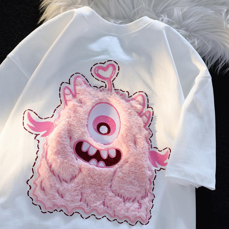 Женская розовая футболка из хлопка с вышитым ретро-монстром, с короткими рукавами, в стиле High Street Fashion, свободного кроя