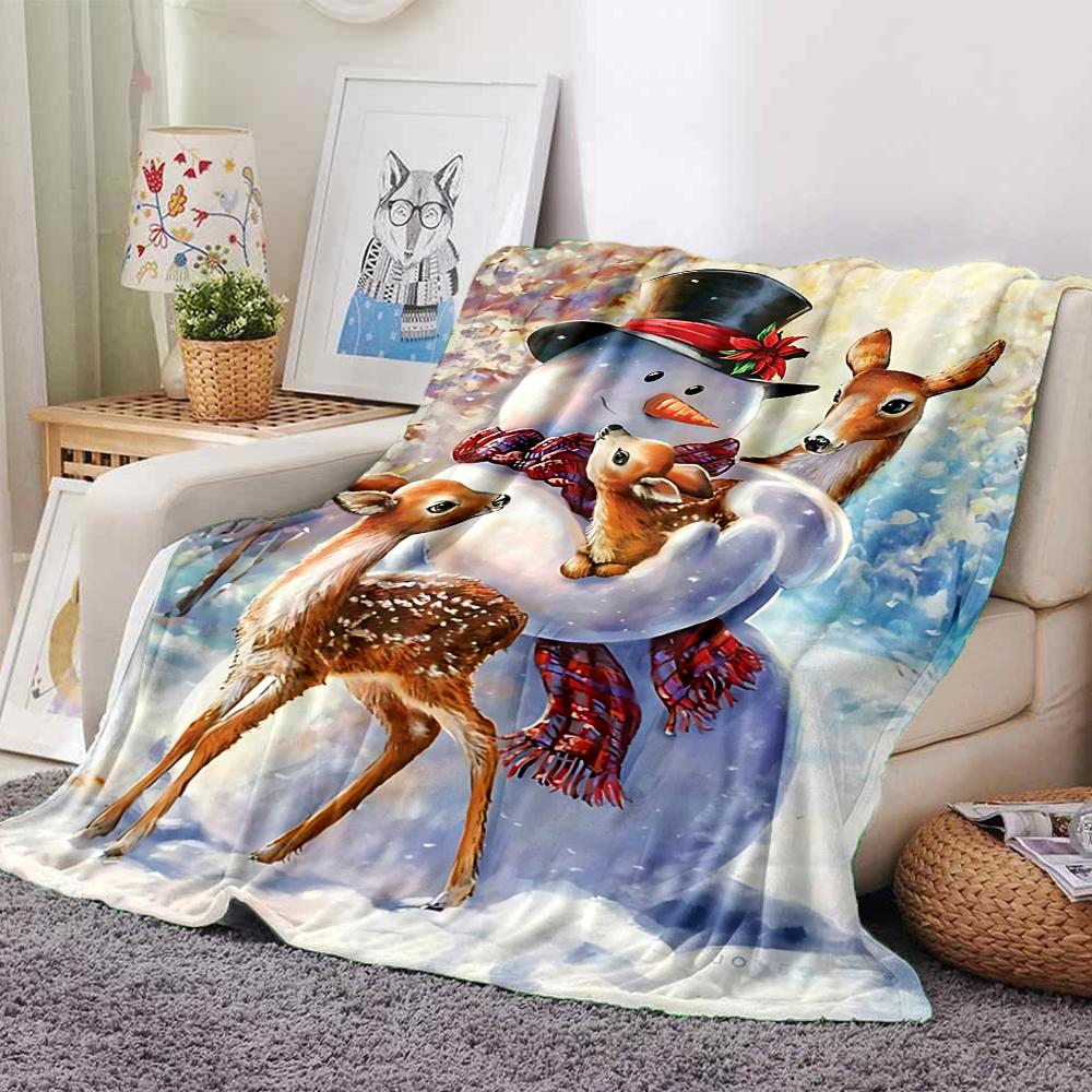 Snowman Deer Winter Scene Blanket Soft Throw Blanket For Home Bedroom Bed Sofa Travel Office Solid Christmas Blanket
