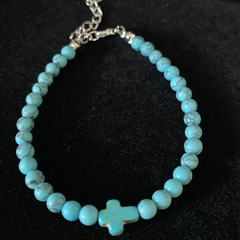 Лидер продаж 4 мм бирюзовый крест кулон браслет религиозные христианские эластичные браслеты ювелирные изделия