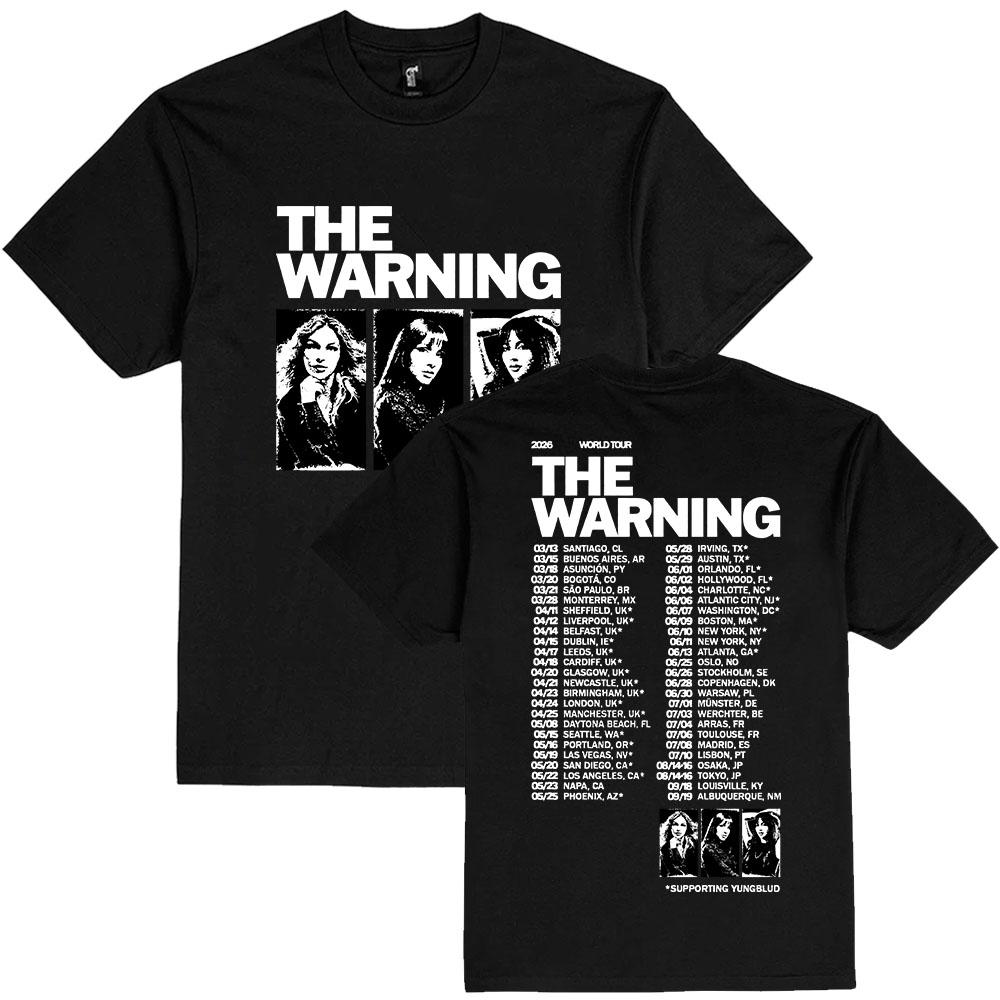 Футболка The Warning World Tour 2026 с коротким рукавом 100% Хлопок Свободная Мужская Футболка Унисекс Уличная Одежда Повседневная С круглым вырезом Мужские Футболки Футболка с изображением группы Летние Топы