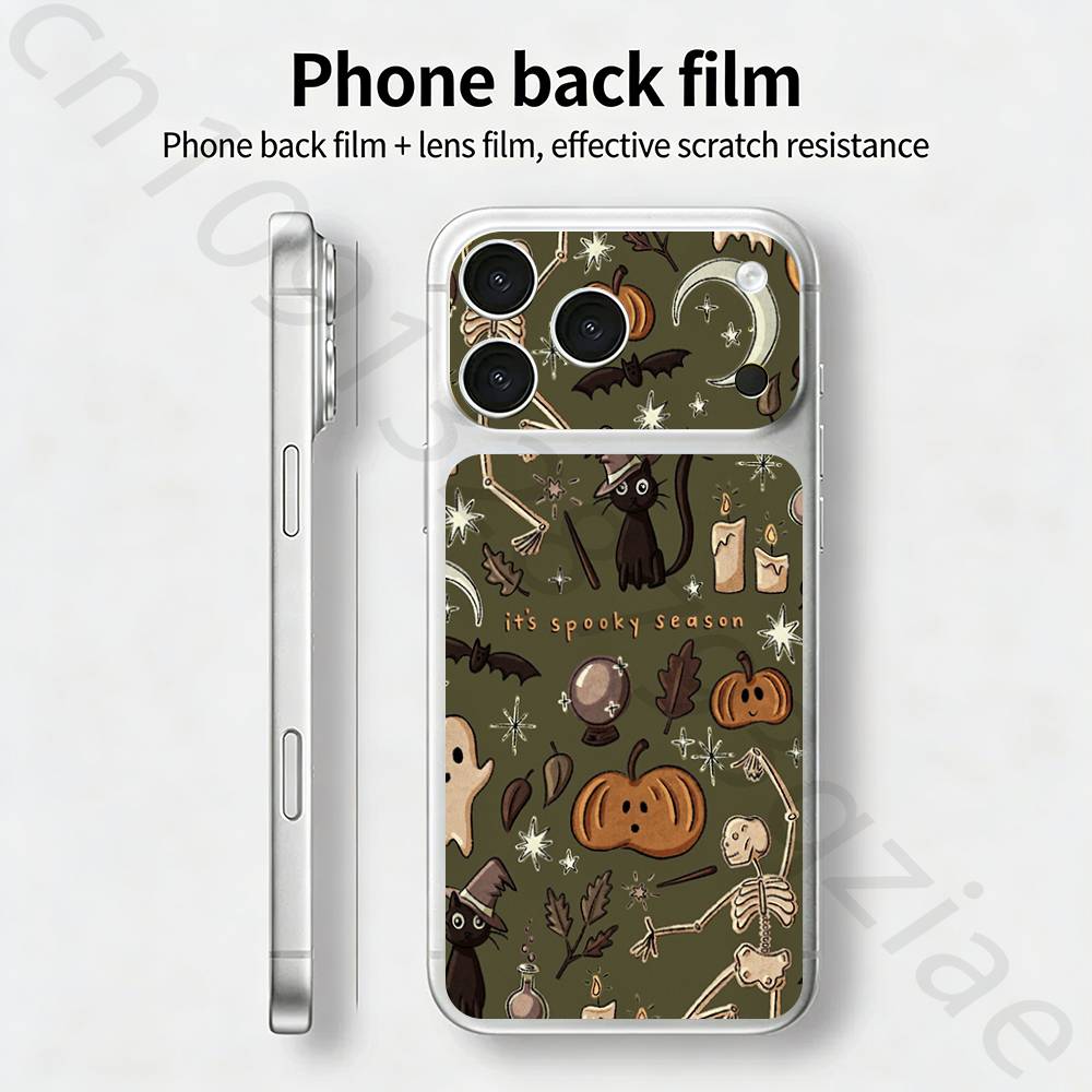 Хэллоуин Милая Тыква Череп Для iPhone 17 pro Max /17 pro Полное Покрытие Наклейка Кожаная Обёртка 3D Цветная Задняя Защитная Плёнка-Наклейка
