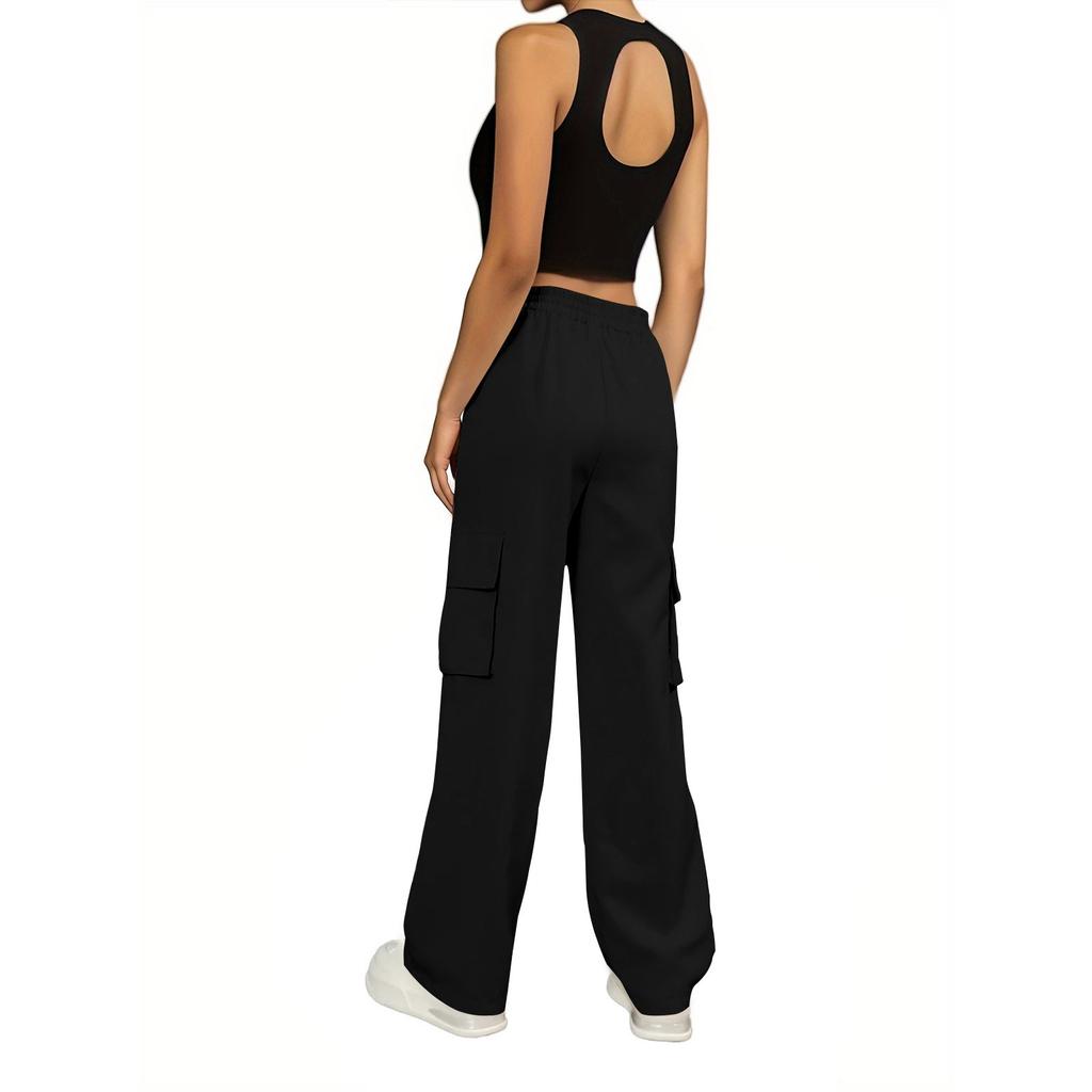 Женские модные повседневные спортивные однотонные брюки-карго с высокой талией и карманами-флипами