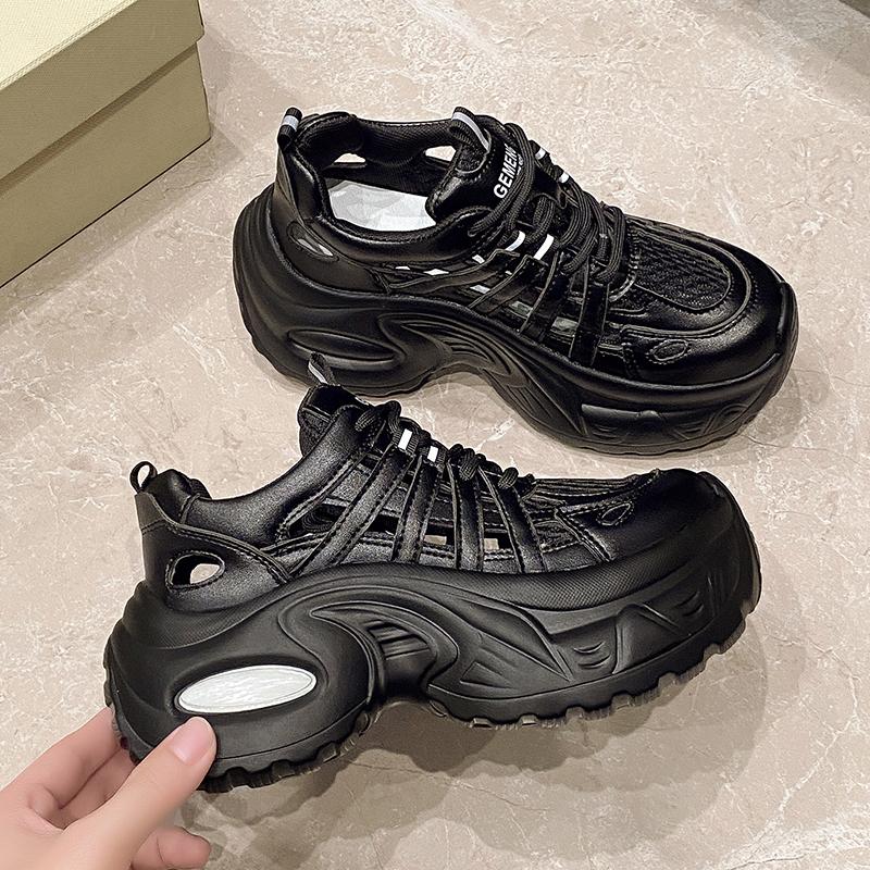 Модные 7,5 см Дышащие Полые Кожаные Женские Сандалии Вулканизированная Сетка Массивная Обувь Обувь на Платформе Высокие Каблуки Повседневные Летние Кроссовки