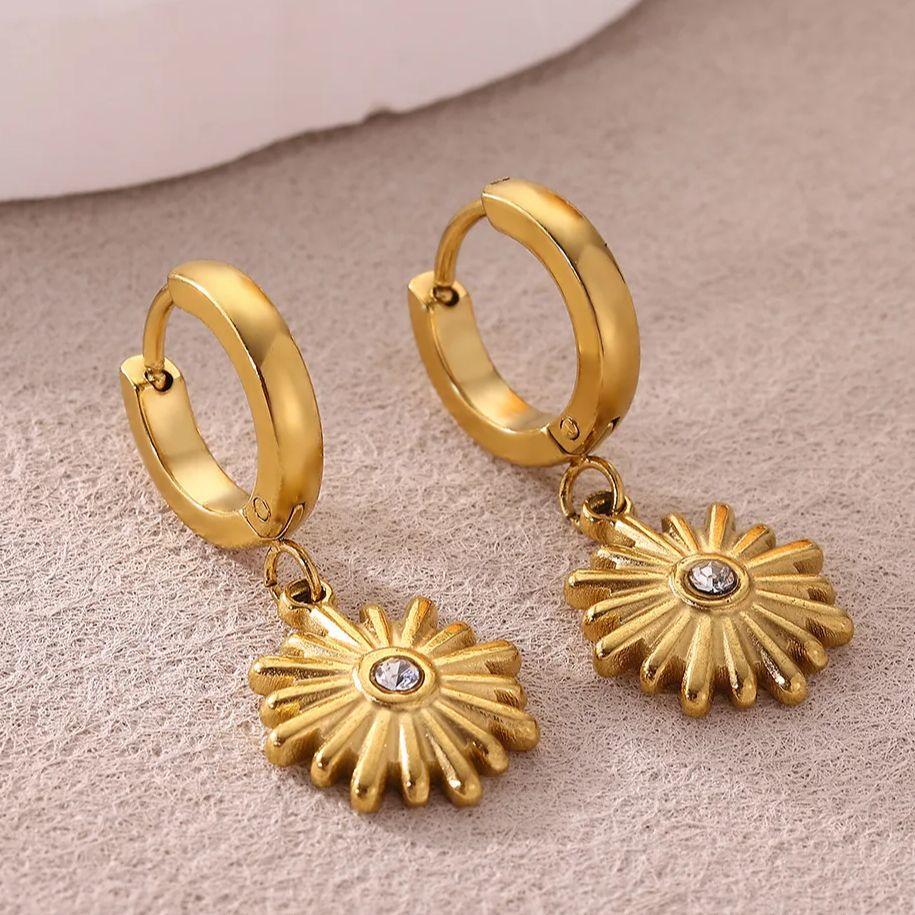 Zircon Sunflower Dangle Earrings For Women Gold Color Stainless Steel Geometric Sunflower Earring Wedding Christmas Jewelry