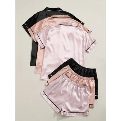 Комплект из 3 атласных пижам для женщин, летний новый топ с коротким рукавом и лацканами, эластичный пояс, шорты, женская одежда для сна, домашняя одежда