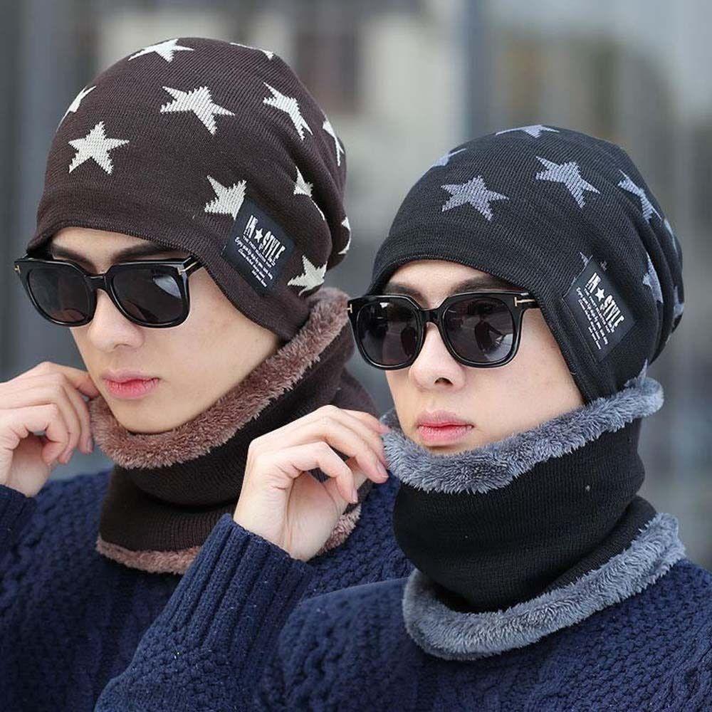 Plush Men's Beanie Cap Star Neck Scarf Hat Fashion Winter Hat Scarf Set Female/Male