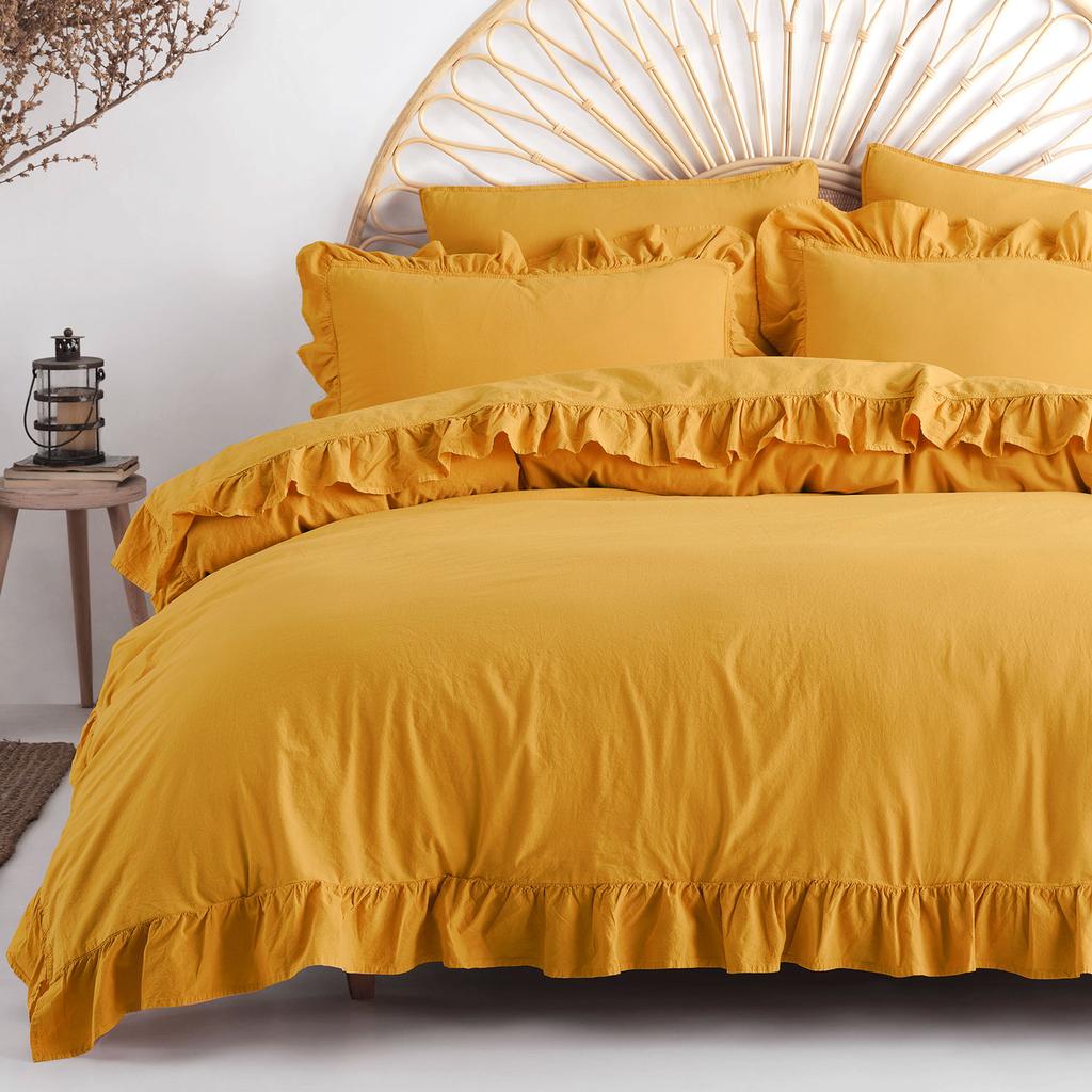 Bedding set 160x200 100% CREASTED COTTON with ruffles lemonade yellow
