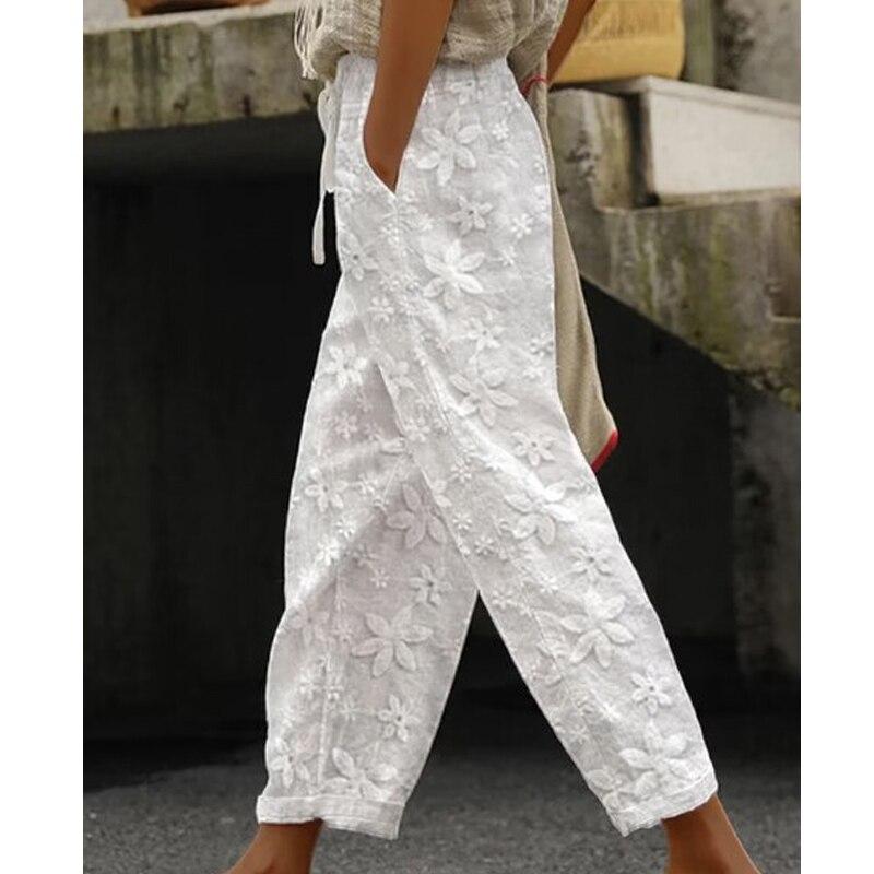 Повседневные брюки до щиколотки со шнуровкой и вышивкой, женские элегантные белые брюки с эластичной резинкой на талии, уличная одежда, брюки Spodnie 26162