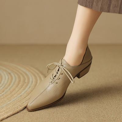 Мода 2025 Новые Классические Женские Туфли-Лодочки Весна Осень Офисные Женские Повседневные На Высоком Каблуке Удобные На Шнуровке из Натуральной Кожи Черные Туфли Женщина