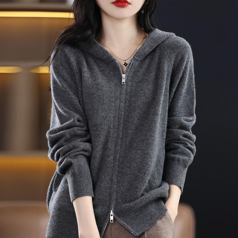 Женский вязаный кардиган на молнии с капюшоном - Длинный рукав, Универсальный, Свободный крой, Новинка моды Весна и Осень 2024