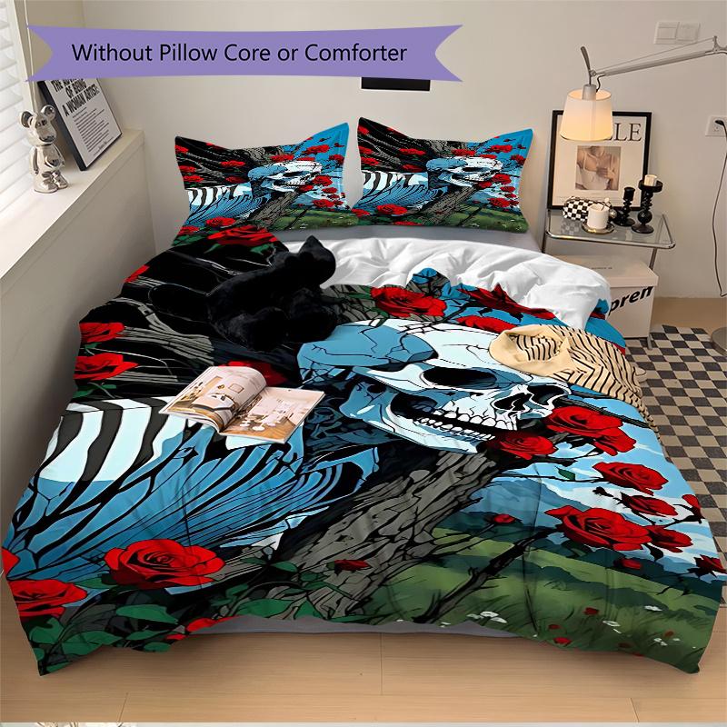 3pcs Skull Roses Anime Cartoon Design Comforter Set with One Quilt Cover and Two Pillowcases (No Core) - Home Decor, Holiday Gift, Polyester Fabric, S