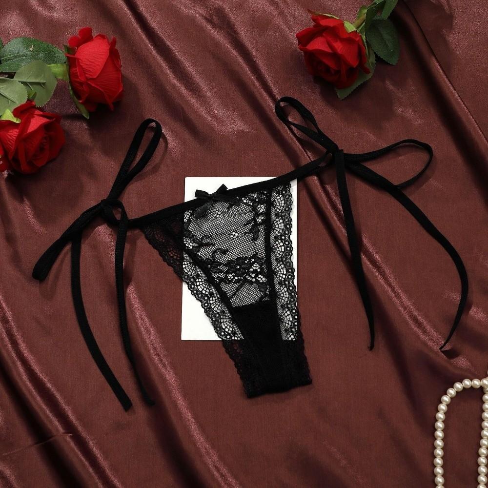 Adjustable Waist Strap Bow Lace Flower Transparent Briefs Female Lingerie Romantic T Panties  Gift