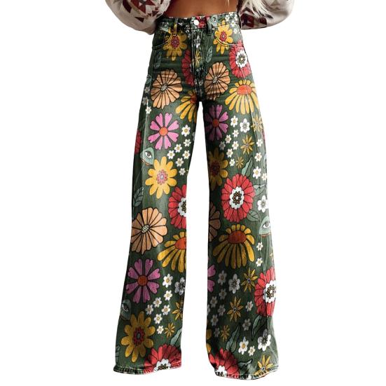 Women Jeans Button Zipper Fly Straight Leg Denim Pants with Pockets Digital Flower Print Long Trousers Streetwear