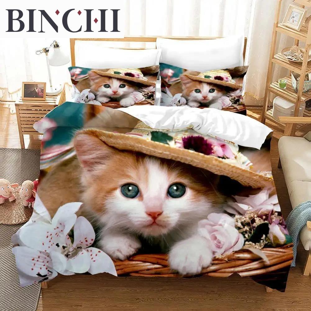Комплект пододеяльника с котятами Милый рисунок с котенком Постельное белье для женщин Любителей кошек Подарки Размер: Полуторный, Двуспальный, Евро, King Size Чехол на одеяло