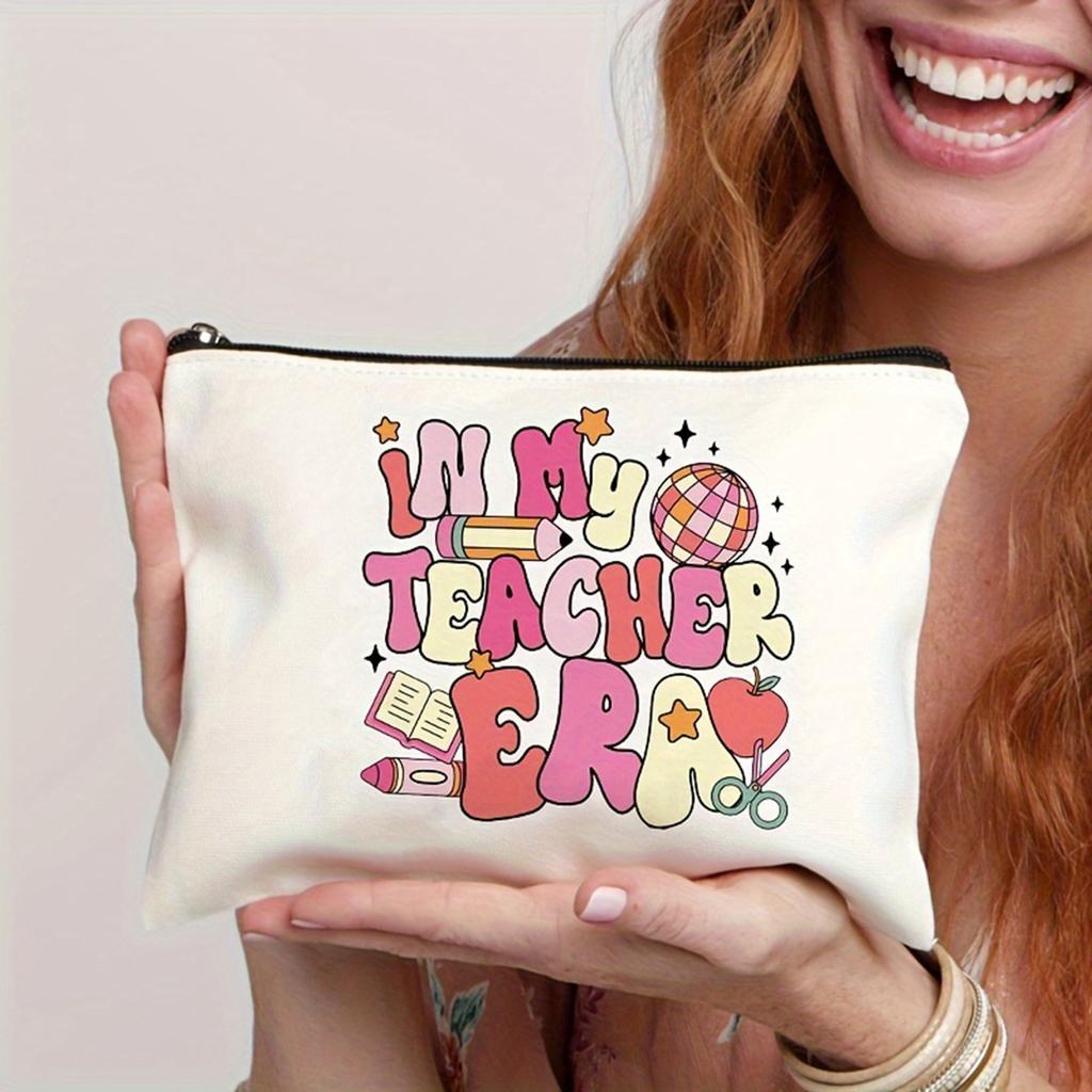Simple "In My Teacher Era" Pattern Makeup Bag, Portable Travel Pouch Cosmetics Storage Bag, Toiletry Bag For Teachers Gift