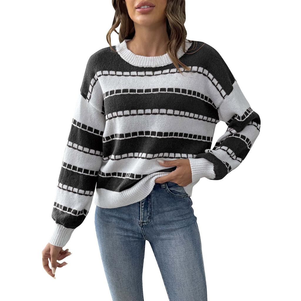 Women's Clashing Patchwork Stripe Colour Block Pullover Sweater Bottom Sweater