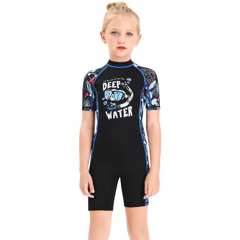 Kids UV Protection Swimsuit With Short Sleeves One-Piece Rash Guard Girls Boys Toddler Beach Snorkeling Quick-Dry