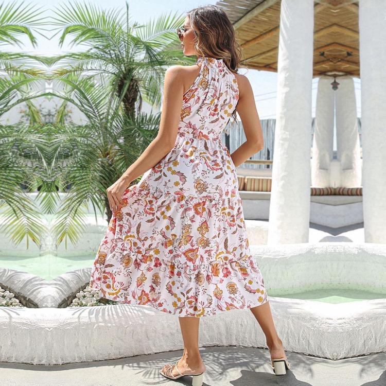 Винтажное платье халтер без рукавов длинное женское на шнуровке с принтом весна лето для отпуска S-XL