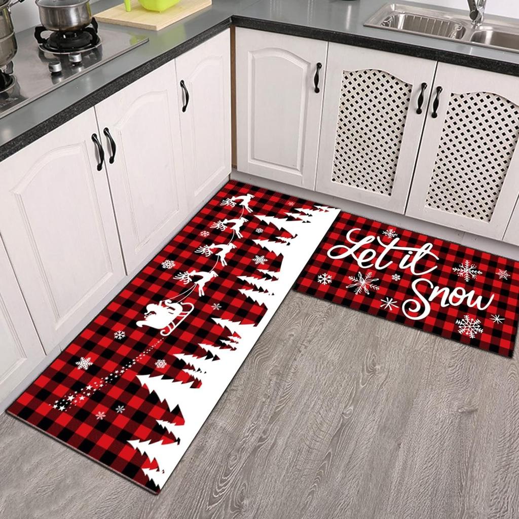 VIKAMA 2pcs Christmas Winter Crystal Velvet Floor Rug Kitchen Non-slip Mat Entrance Welcome Door Mat Holiday Home Decoration