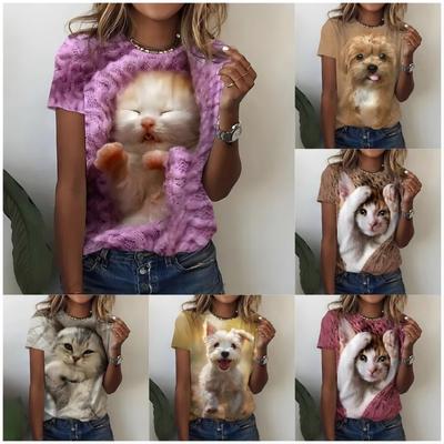 3D-принт с рисунком котенка, модная женская рубашка с круглым вырезом, свободного покроя, в стиле Y2K, с коротким рукавом, дышащая