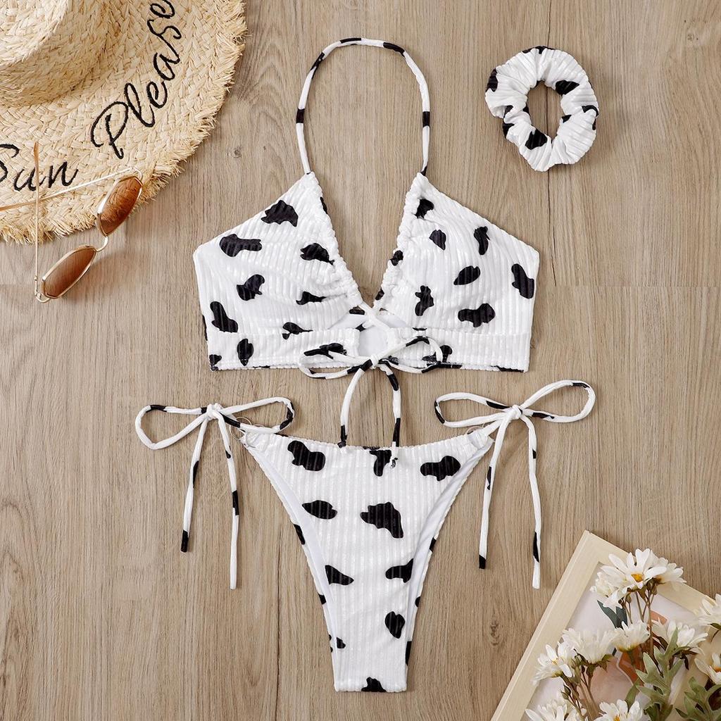Купальник женский с бретелькой на шее, треугольниками на шнуровке, с принтом коровы, сексуальные комплекты бикини с вырезами