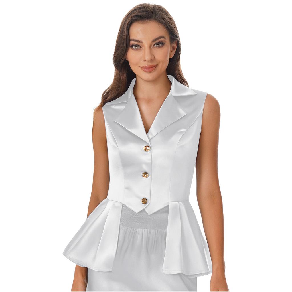 Женский жилет в викторианском стиле с отложным воротником, без рукавов, на пуговицах спереди, с асимметричным низом с оборками, куртка-топ