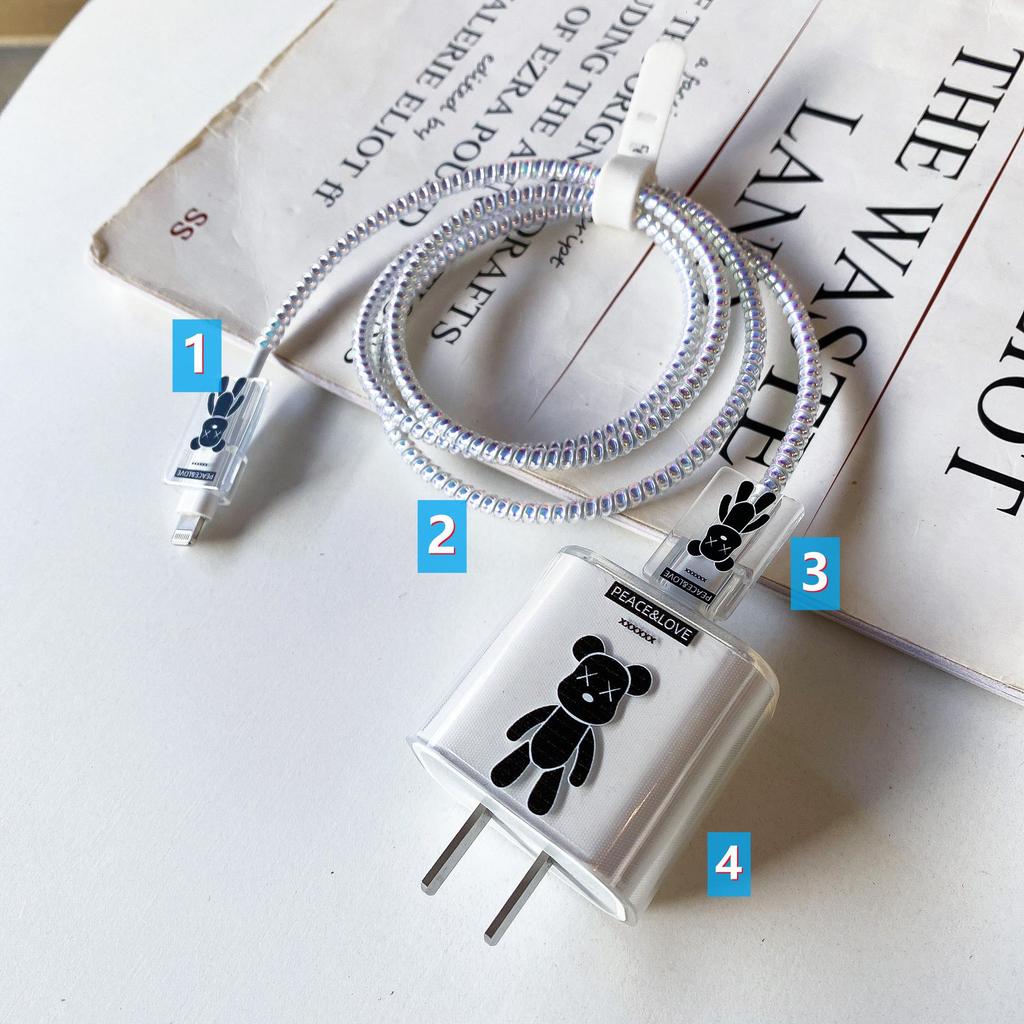 Комплект защиты кабеля данных Apple: Зарядная головка 20 Вт, прозрачный мультяшный дизайн, набор из 4 предметов