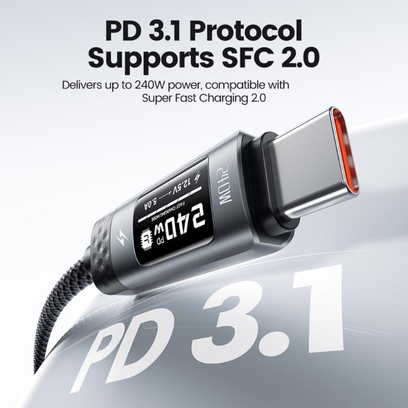 Цифровой дисплей USB C на USB C Зарядный кабель с поддержкой 240 Вт PD3.1 Быстрая зарядка для мониторинга в реальном времени и широкой совместимости с устройствами