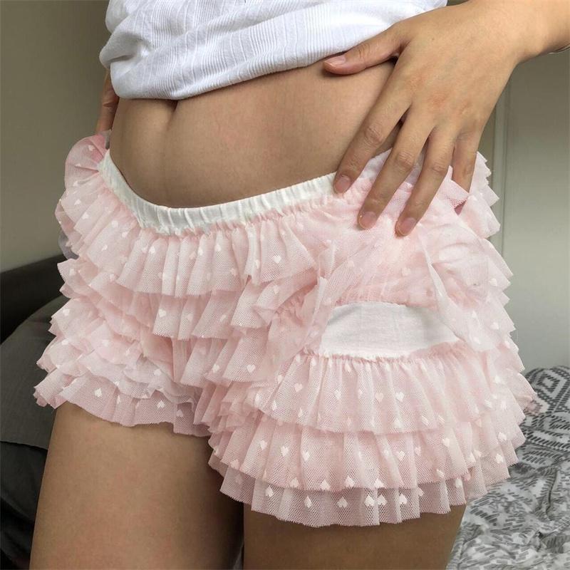 Lolita Y2k Bloomers Polka Dot Slim Shorts Women Kawaii Low Waist Layered Ruffle Elastic Pants Fashion Chic Casual Streetwear Trousures
